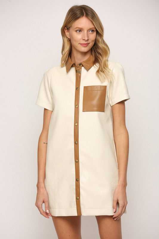 Contrast Pocket Faux Leather Dress in Cream/Brown