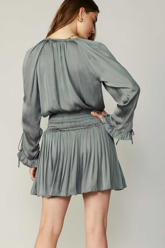 Cinch Waist Mini Dress in Moss Grey