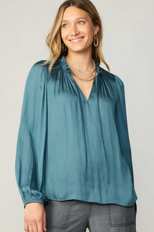 Long Sleeve Ruffle Tie Top in Aegean Blue