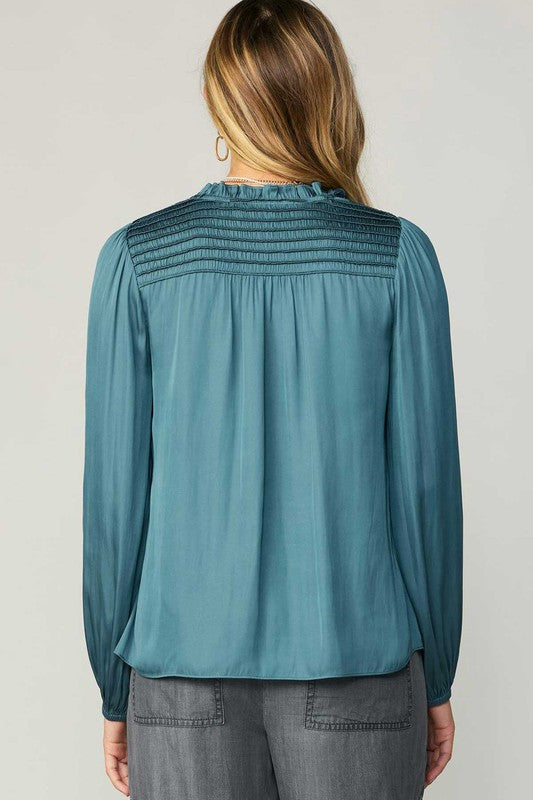 Long Sleeve Ruffle Tie Top in Aegean Blue