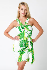 Margo Dress in White Green Palm