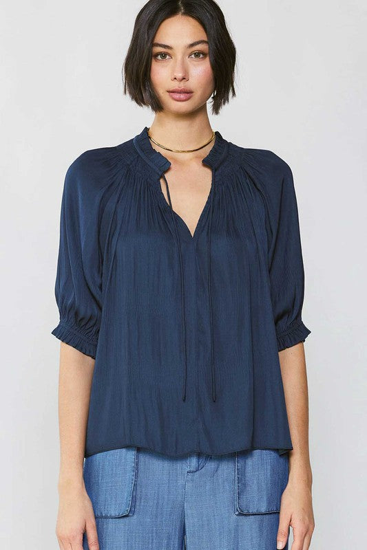 Deana Tie Front Top in Navy