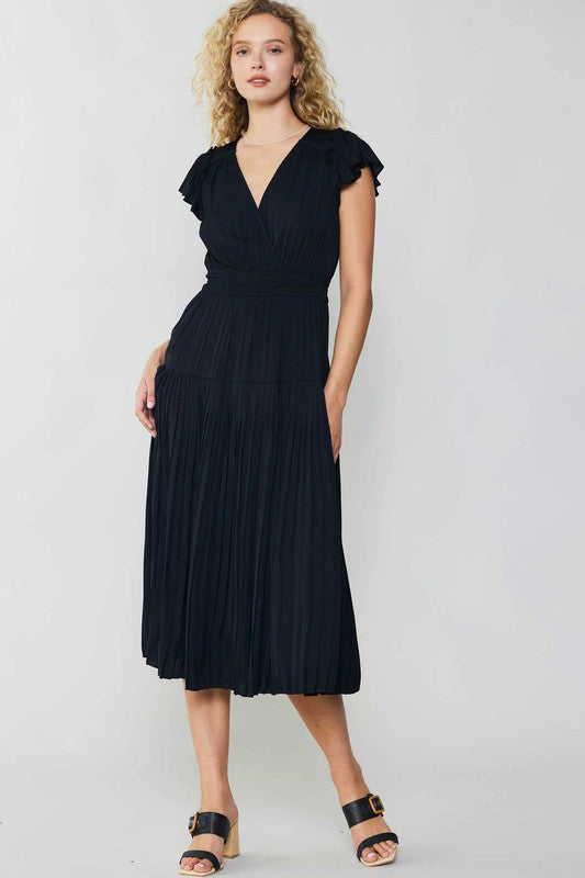 Flutter Sleeve Midi Dress in Black