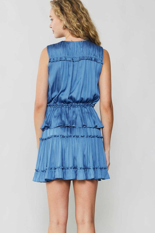 Sleeveless Surplice Tiered Mini Dress w/Ruffle