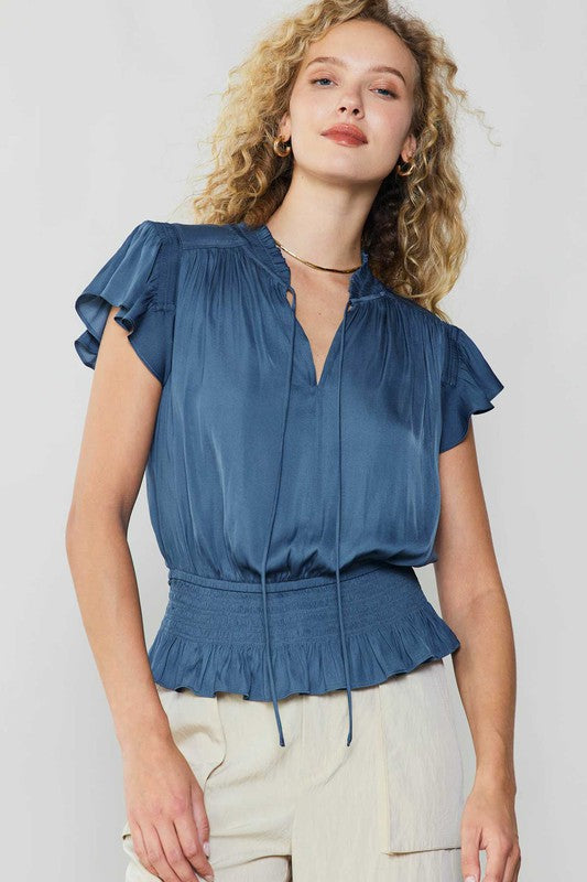 Tie Top with Smocked Waist in Dusty Blue