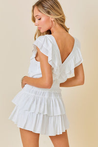 V Neck Ruffle Romper in White