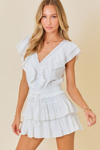 V Neck Ruffle Romper in White