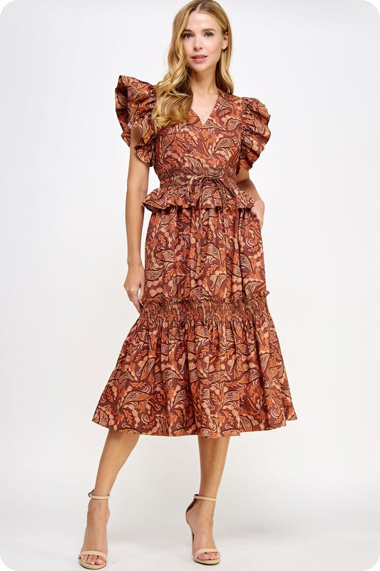 Printed Poplin Midi Dress in Brown
