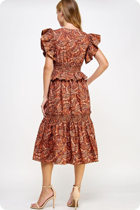 Printed Poplin Midi Dress in Brown