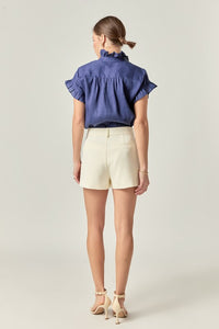 Navy Linen Ruffle Top