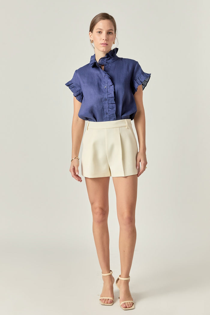 Navy Linen Ruffle Top