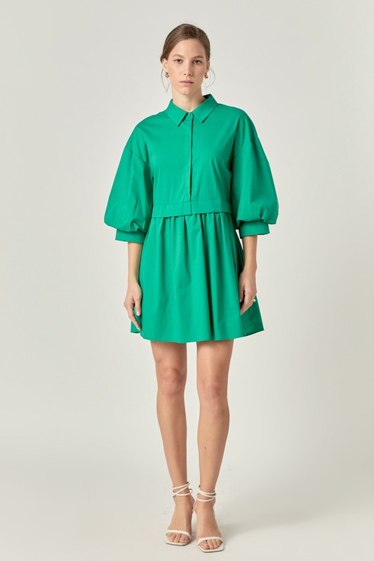 Puff Sleeve Shirt Dress in Green