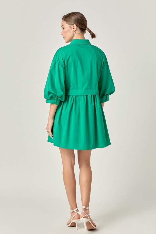 Puff Sleeve Shirt Dress in Green