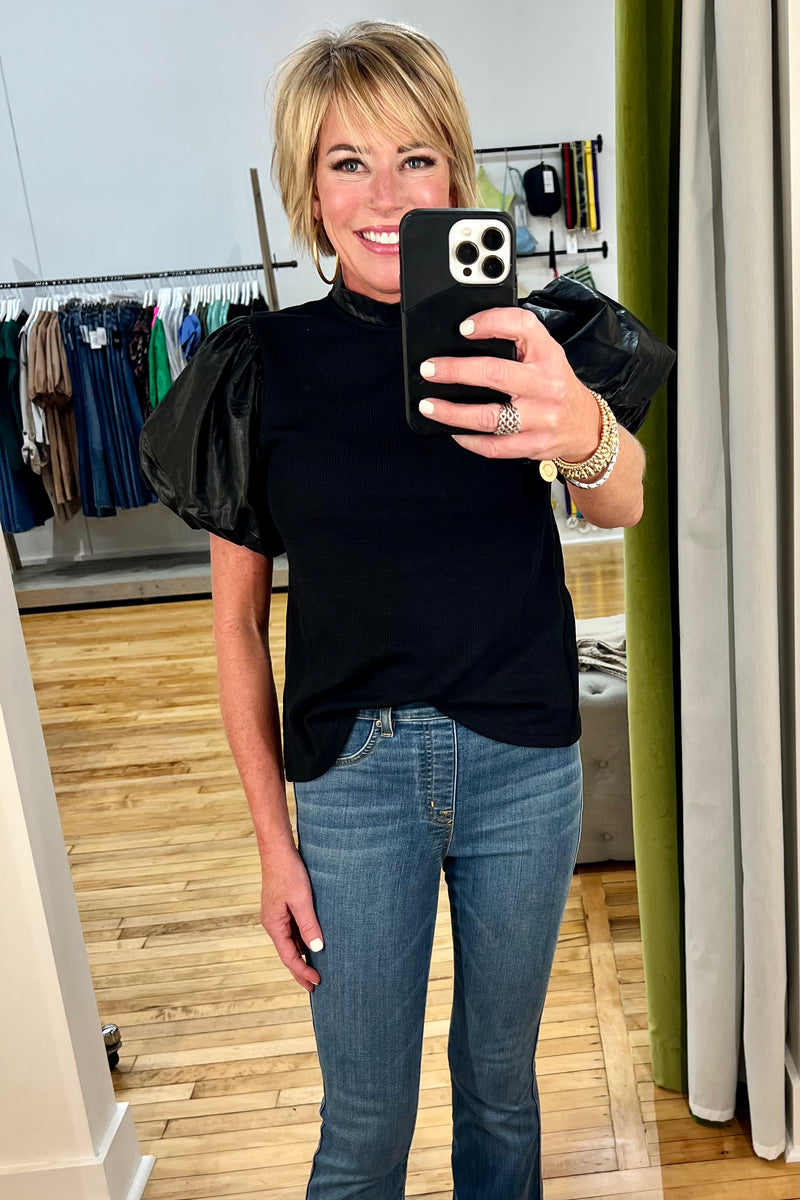 Leather Puff Sleeve Top in Black