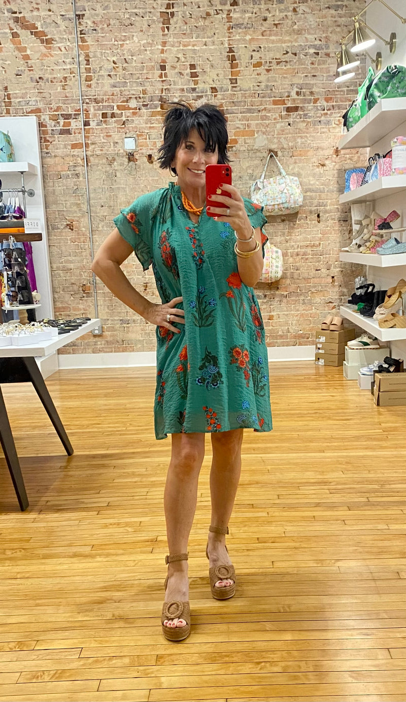 Flutter Sleeve Flower Print Dress in Green
