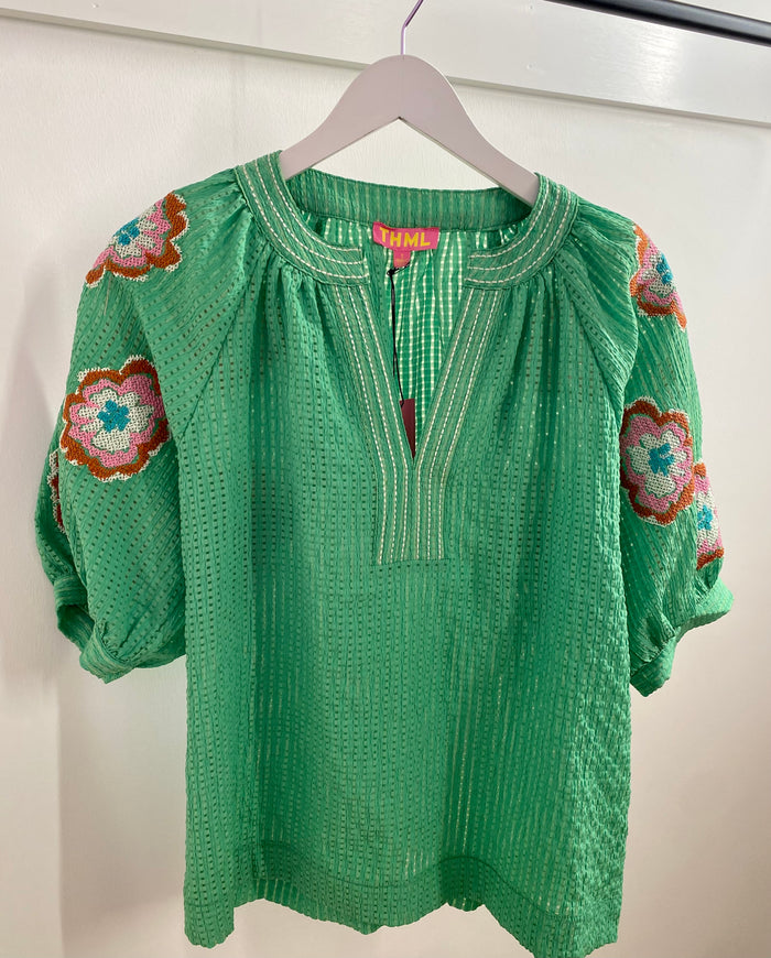 Floral Embroidered Sleeve Top in Grass Green
