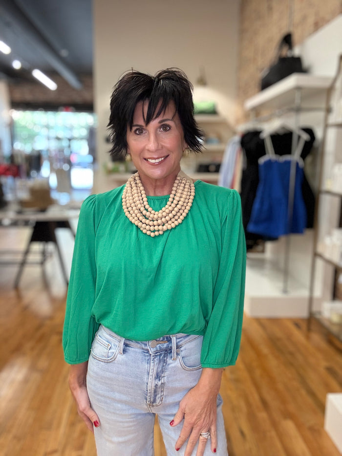 Shirred 3/4 Sleeve Tee in Shamrock