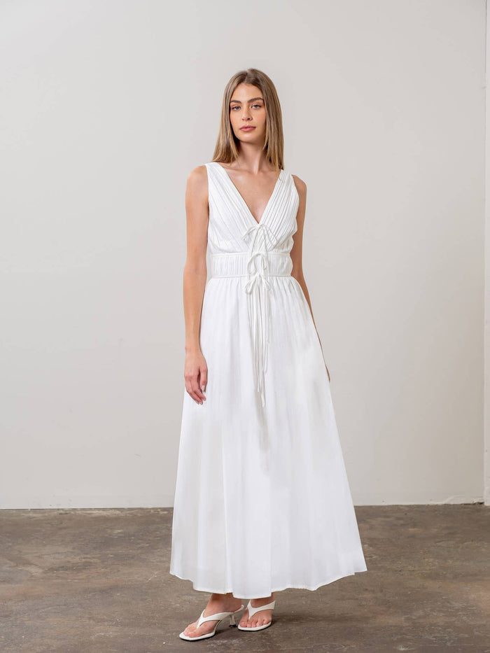 V-Neck Tie Front Midi Dress in White