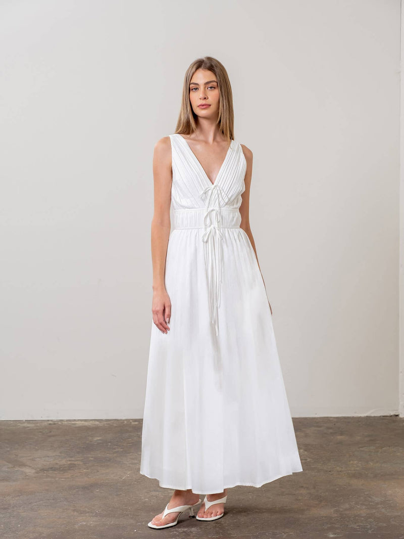 V-Neck Tie Front Midi Dress in White