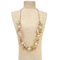Neutral Sandy Beige Spiral Abalone Seashell & Pearl Necklace