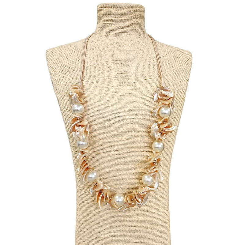 Neutral Sandy Beige Spiral Abalone Seashell & Pearl Necklace