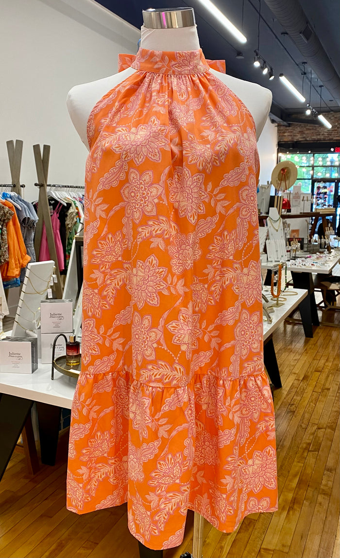 Ruffle Halter Dress in Orange/Pink