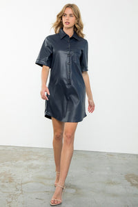 Short Sleeve Faux Leather Button Up Dress in Navy