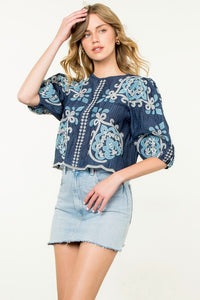 Marlowe Embroidered Top in Blue