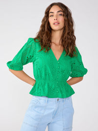 Eyelet Button Front Top in Green