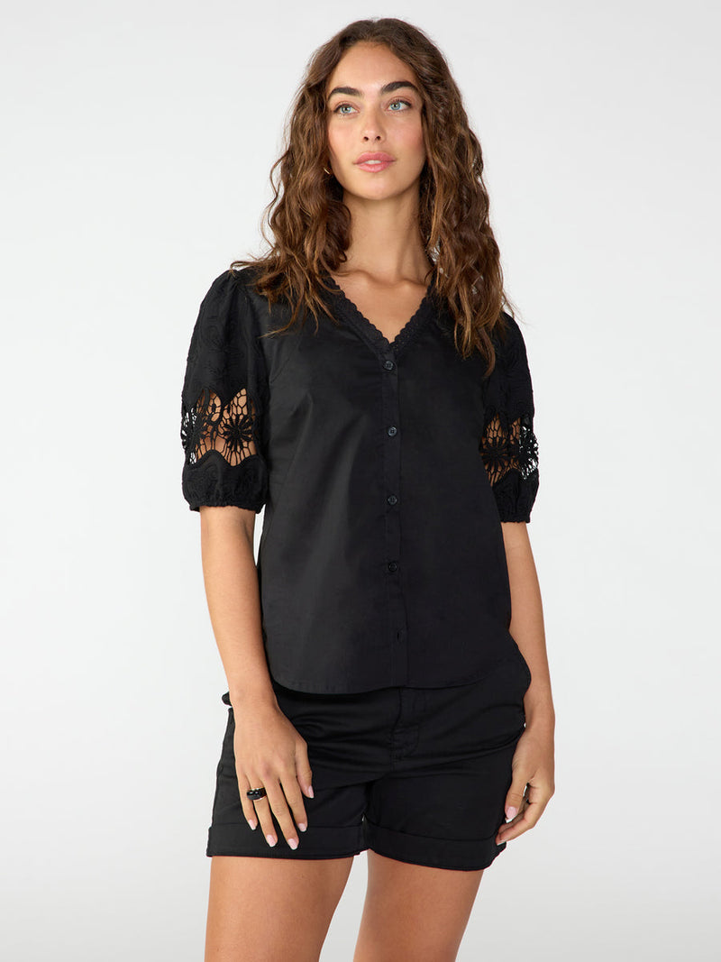 Puff Sleeve Button Front Top in Black