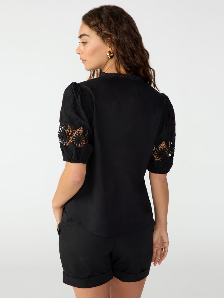 Puff Sleeve Button Front Top in Black
