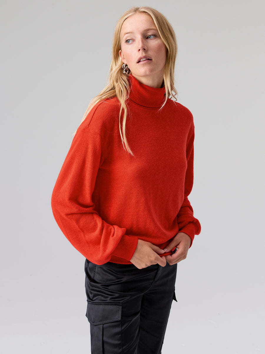 Ruched Sleeve Turtleneck Top in Lipstick