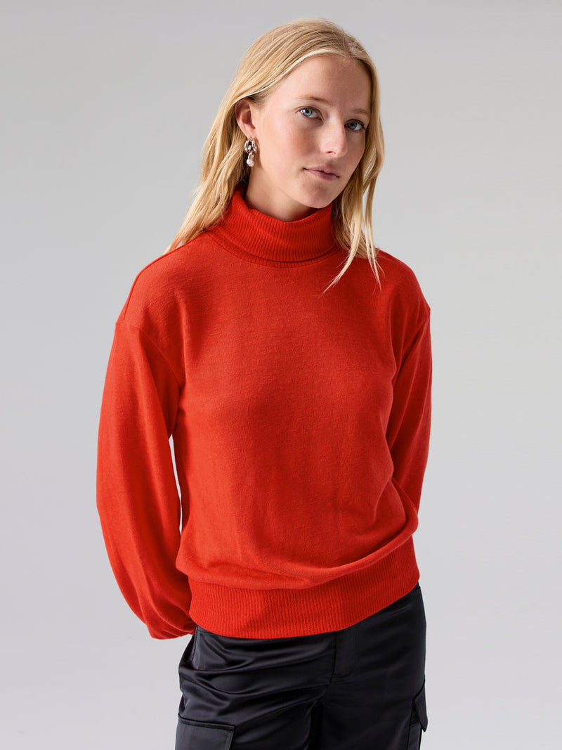 Ruched Sleeve Turtleneck Top in Lipstick