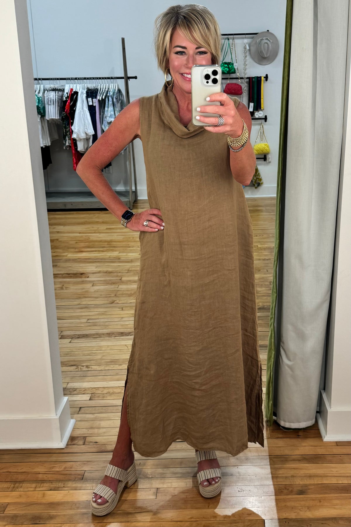 Cowl Neck Linen Maxi Dress in Camel