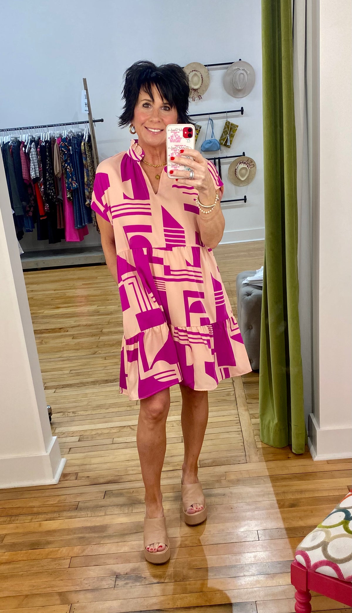Pink Geo Tiered Mini Dress