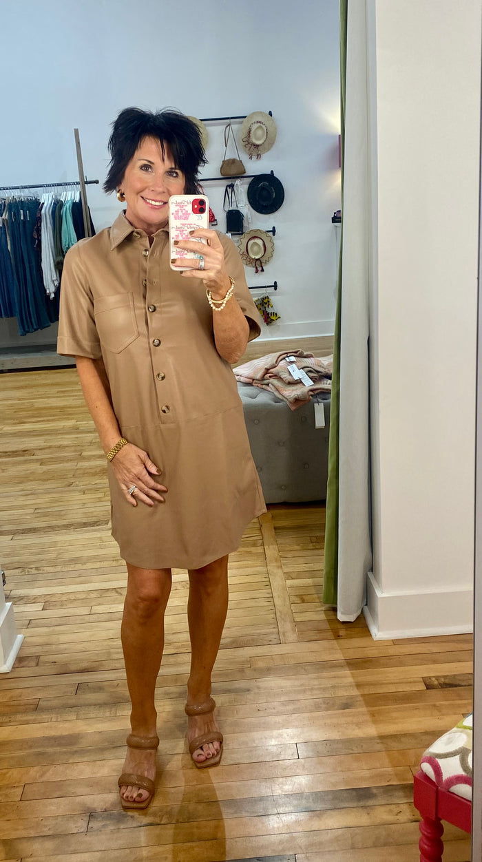 Short Sleeve Faux Leather Dress in Camel
