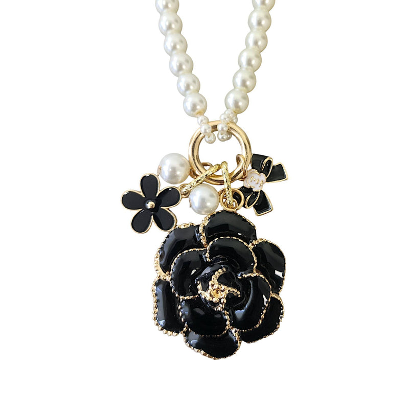 Long Black and White Pearl Floral Enamel Charm Necklace