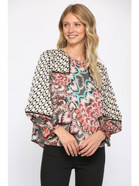 Mixed Print Peasant Top in Black