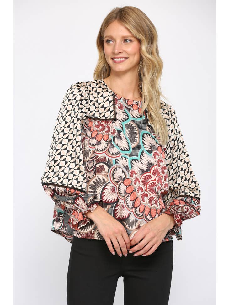 Mixed Print Peasant Top in Black
