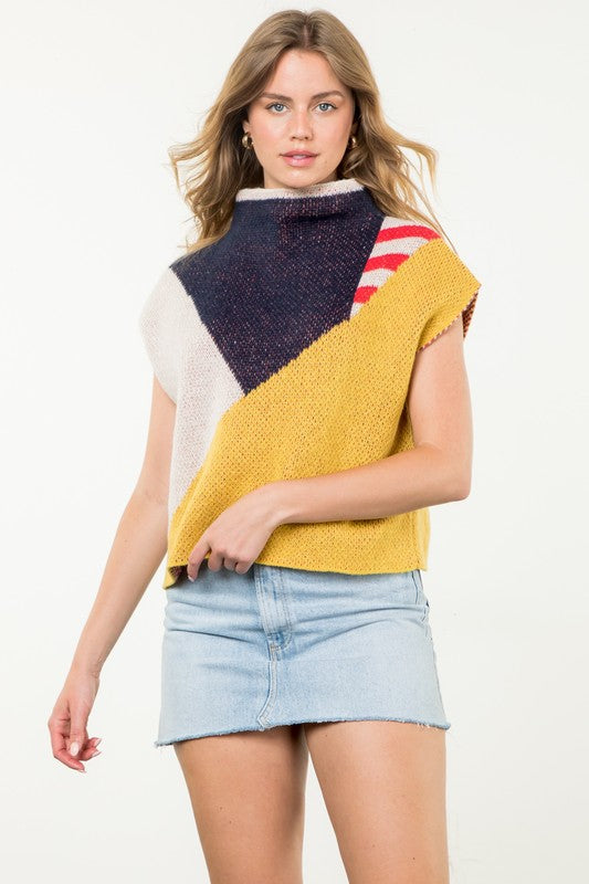 Geometric Mock Neck Knit Top