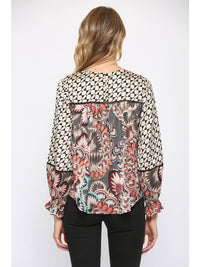 Mixed Print Peasant Top in Black