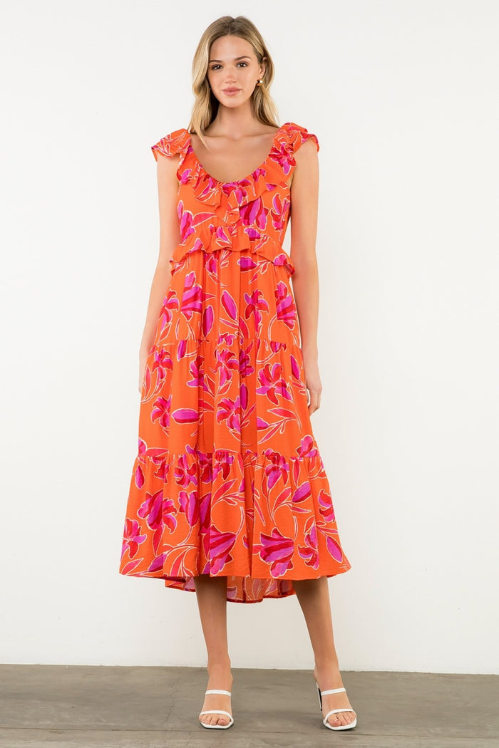 Ruffle Tie Back Midi Dress