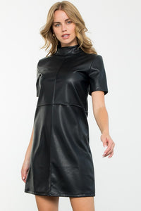 Mock Neck Faux Leather Dress in Black