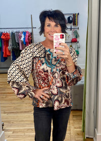 Mixed Print Peasant Top in Black