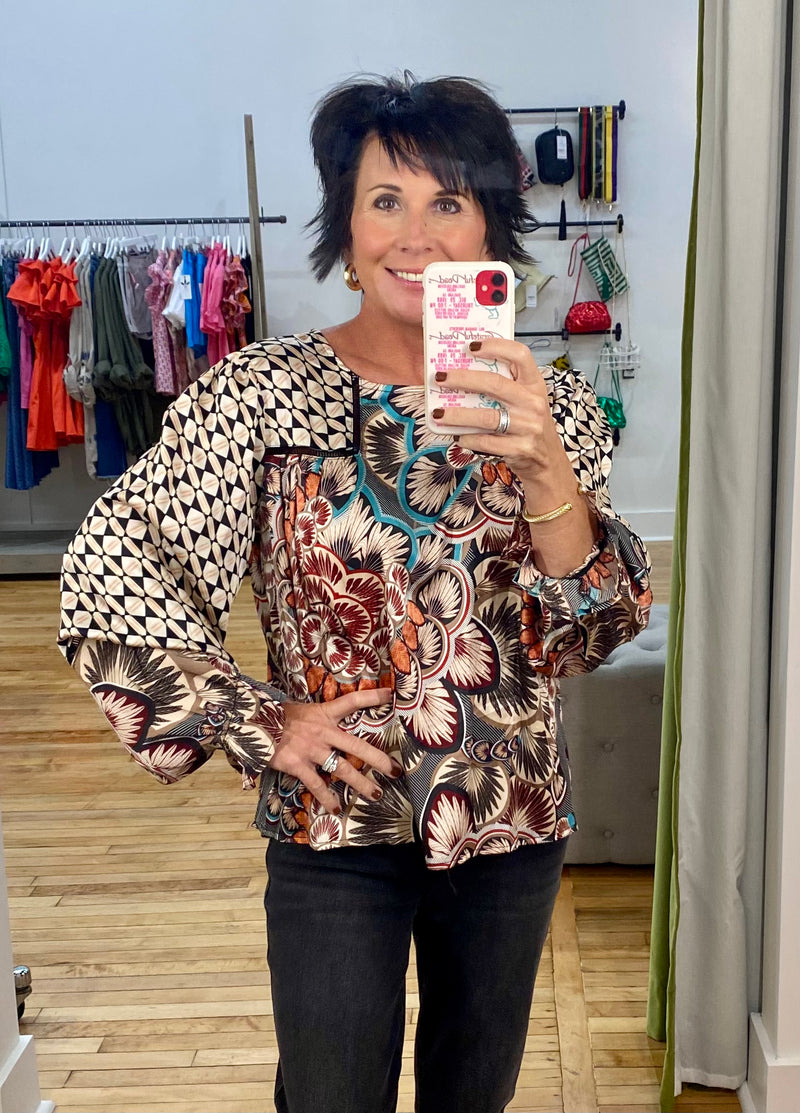 Mixed Print Peasant Top in Black