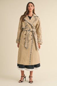 Tweed Trim Trench Coat in Taupe