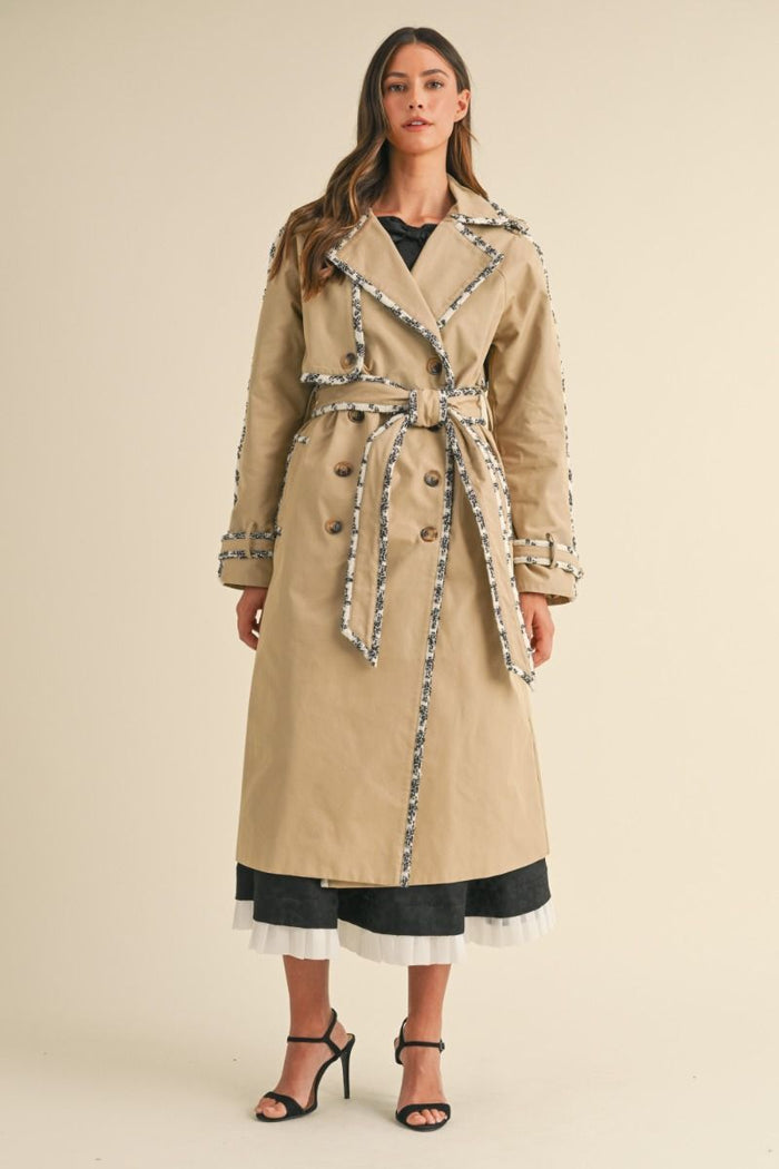 Tweed Trim Trench Coat in Taupe