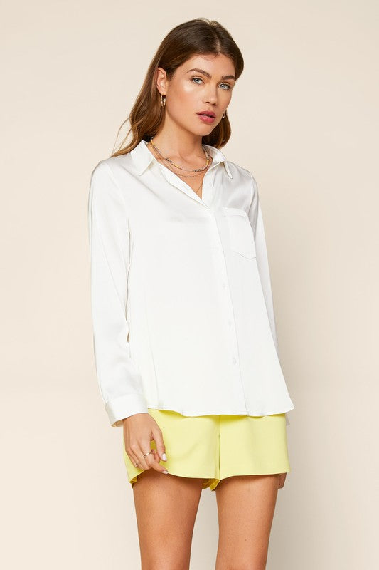 Satin Button Down Top in Off White