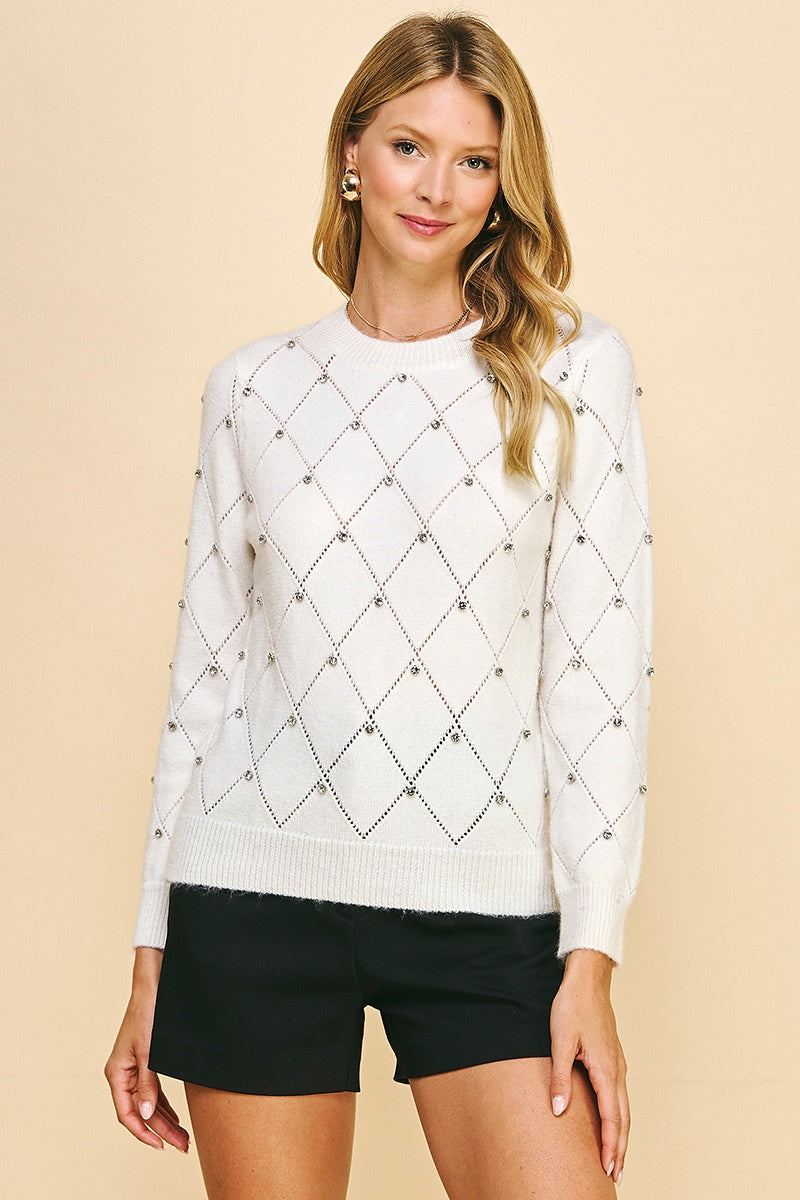 Rhinestone Crew Neck Sweater-Ivory