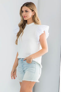 Ruffle Sleeve Sweater in White